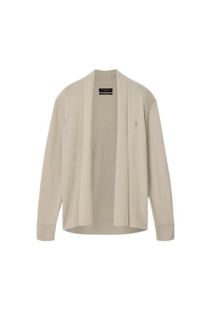 Cardigan beige à ouverture avant, manches longues et texture côtelée, avec un petit logo brodé sur la poitrine gauche.