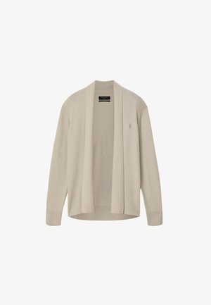 Beiger Cardigan mit offenem Vorderteil, langen Ärmeln und gerippter Struktur, mit kleinem gesticktem Logo auf der linken Brust.