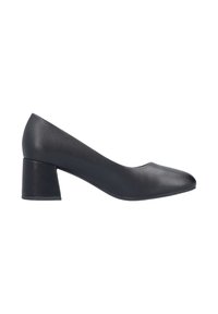 Zapato de tacón bajo de cuero negro para mujer, con punta redonda y acabado suave, mostrado en perfil lateral sobre un fondo blanco.