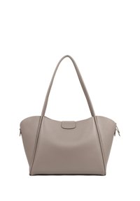 Grijze leren draagtas met een gestructureerd, afgerond ontwerp, voorzien van lange handvatten en een centrale flapsluiting. Soepele textuur en minimale hardware.