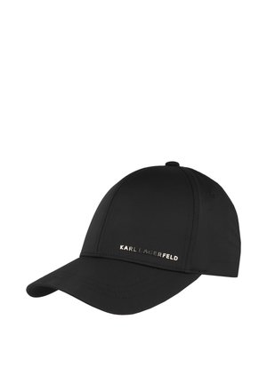 Cappellino da baseball nero con visiera curva e logo Karl Lagerfeld argentato sul pannello frontale.