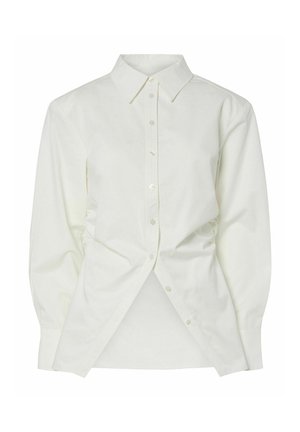 Bílá košile na knoflíky s klasickým límcem, dlouhými rukávy a na bocích s nařasením, vyrobená z měkké bavlněné látky.