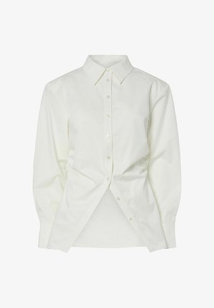 Bílá košile na knoflíky s klasickým límcem, dlouhými rukávy a na bocích s nařasením, vyrobená z měkké bavlněné látky.