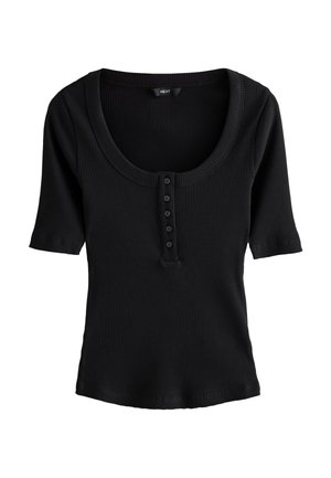 Haut noir à manches courtes côtelées avec un décolleté arrondi et une patte de boutonnage à cinq boutons à l'avant. Texture douce et coupe ajustée.