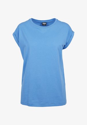 Blå kortærmet T-shirt lavet af bomuld. Har en rund halsudskæring og oprullede ærmer. Glat tekstur, lige snit og enkelt design.