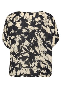 Bloes met bloemenpatroon en een losse pasvorm, met een zwart-wit bloemenmotief, zachte stof en een ronde halslijn. Korte, relaxte mouwen.