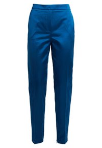 Blue tailored trousers with a smooth texture, slim fit, and subtle front seams. Features a hook closure and zip at the ankle.