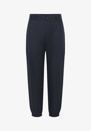 Tamnoplave tapered hlače izrađene od lagane tkanine, s kopčanjem na gumb, elastičnim manžetama i dva prednja džepa s dijagonalnim šavovima.