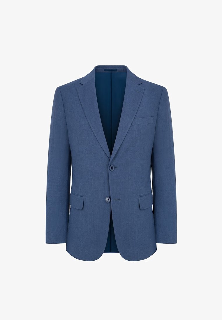 Niebieski żakiet dopasowany, z dwiema przednimi kieszeniami, jedynym zapięciem na guzik i klapami. Wnętrze podszyte kontrastującym ciemnoniebieskim materiałem.