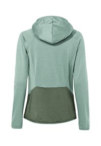 Felpa sportiva verde chiaro con parte superiore testurizzata, pannello inferiore verde scuro, vestibilità slim e cappuccio con coulisse. Tessuto liscio e maniche lunghe.