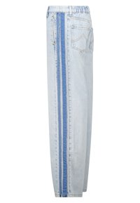 Light blue denim jeans with a darker blue vertical stripe down the side, featuring back pockets and a relaxed fit.