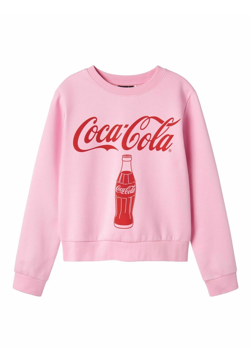 Felpa rosa realizzata in tessuto morbido, con un grande logo rosso della Coca-Cola e un'immagine di una bottiglia di vetro sul davanti.