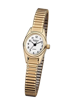 Gold-toned metal watch with a round white dial, black hour and minute hands, and a flexible band featuring a ribbed design.