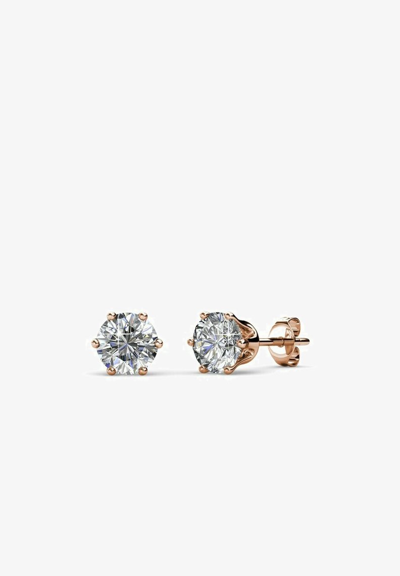 Orecchini a cerchio con diamanti incastonati in oro rosa. Il design a sei griffe mette in risalto ogni diamante trasparente, presentando una finitura lucida per un effetto brillante.