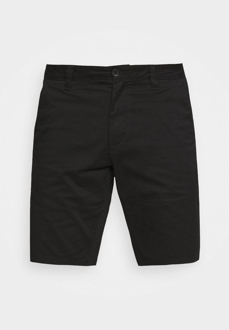 Shorts en coton noir avec une devanture plate, des coutures visibles, des passants pour ceinture et une fermeture à bouton. Longueur mi-cuisse et coupe classique.