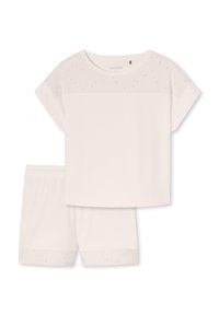Vit pyjamaset med kort ärm som har en strukturerad, mönstrad topp med blommor och matchande shorts med en bekväm elastisk midja.