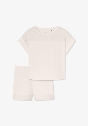 Conjunto de pijama blanco de manga corta que presenta una parte superior texturizada y con un patrón de acentos florales, y pantalones cortos a juego con una cómoda cintura elástica.