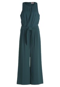 Jumpsuit senza maniche di colore teal con scollatura rotonda, dettagli in twist frontali e cintura legata in vita; realizzato in un tessuto liscio.