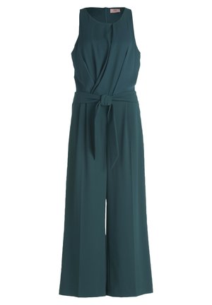 Turkusowy kombinezon bez rękawów z okrągłym dekoltem, przodem ze szczegółem w formie skrętu oraz paskiem wiązanym w talii; wykonany z gładkiego materiału.