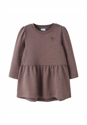 Abito a maniche lunghe in morbido tessuto marrone, con vita arricciata e un piccolo cuore sul petto. Design casual, scollatura rotonda.