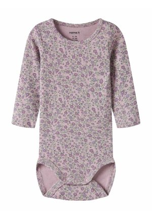 Purple long-sleeve bodysuit featuring a floral pattern with small green accents, made of soft, stretchy fabric, with snap closures at the bottom.