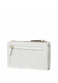 White leather wallet with a quilted pattern, featuring a front zippered pocket and gold-tone hardware. Compact rectangular shape.