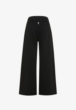 Mustat löysät housut, jotka on valmistettu pehmeästä kankaasta. Niissä on korkea vyötärö ja siistit saumat. Suunnittelu tarjoaa rentoa ja mukavaa istuvuutta.