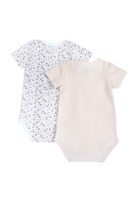 Deux bodies pour bébé à manches courtes, l'un avec un imprimé floral sur fond blanc et l'autre uni beige pâle. En coton doux, fermeture à pression à la base.