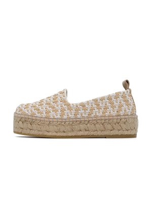 Scarpa espadrillas slip-on con tomaia intrecciata beige e bianca e suola platform spessa intrecciata in juta, con tirante sul tallone.