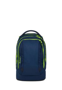 Navy blue backpack with lime green zippers and accents, multiple compartments, padded handle at the top, and "Satch" branding on front.