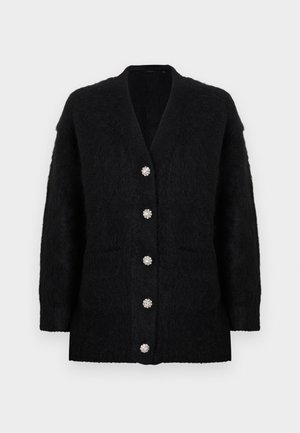 Crni kardigan od mekane, teksturirane tkanine s dubokim V-izrezom, šest ukrasnih gumba i dva prednja džepa.