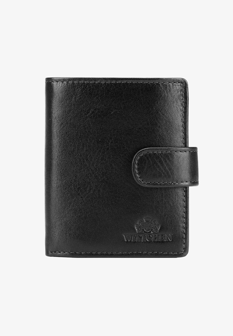 Portefeuille en cuir noir avec une texture lisse, des bords cousus et une fermeture à pression. Présente un logo embossé sur le devant pour le branding.