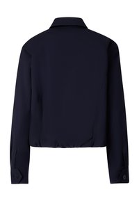 Navy blue long-sleeve jacket with a collar and buttoned cuffs, viewed from the back on a white background.