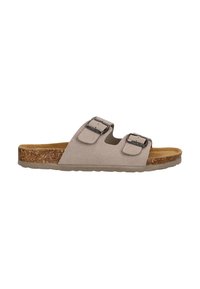Zwei-Riemen-Sandale mit einem hellbeigen Wildleder-Obermaterial, verstellbaren Metall-Schnallen und einem Kork-Fußbett mit einer strukturierten Gummisohle.