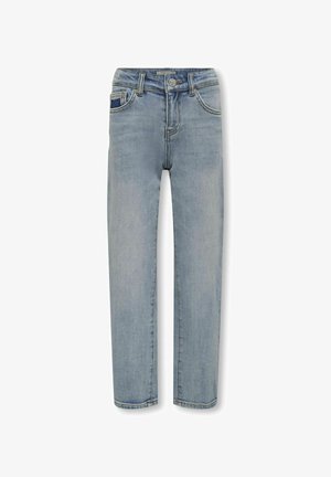 Světle modré džíny z denimu se střihy rovného nohavice, designem s pěti kapsami a jemným vyblednutím. Obsahují zapínání na knoflík a poutka na opasek.