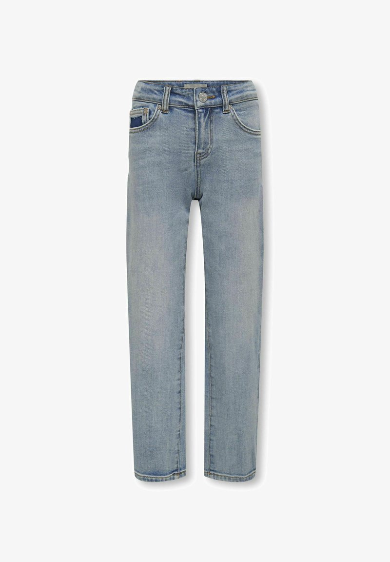 Jeans de mezclilla azul claro con corte recto, diseño de cinco bolsillos y un desvanecimiento sutil. Presenta un cierre de botón y trabillas para el cinturón.