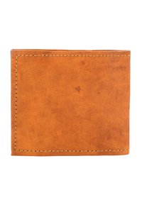 Brown leather wallet featuring a smooth texture, simple rectangular shape, and visible stitching along the edge. No patterns or hardware.