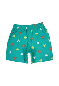 Shorts en tricot turquoise avec une taille élastique, présentant un motif répété de silhouettes de Mickey Mouse en rouge, jaune et blanc.