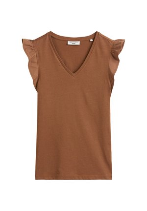 Braunes V-Ausschnitt-T-Shirt mit kurzen, rüschengeschnittenen Ärmeln, aus weichem Stoff mit glatter Textur und regulärer Passform.
