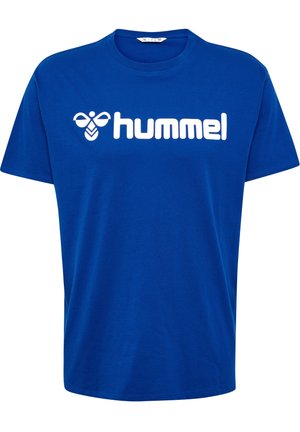Blaues Baumwoll-T-Shirt mit einem großen weißen "hummel"-Logo. Rundhalsausschnitt und kurze Ärmel, mit einer lässigen Passform und glatter Textur.