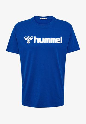 Blaues Baumwoll-T-Shirt mit einem großen weißen "hummel"-Logo. Rundhalsausschnitt und kurze Ärmel, mit einer lässigen Passform und glatter Textur.