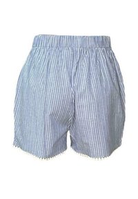 Pantaloni corti a righe blu e bianche con vita elastica e piccole frange a pom-pom sul fondo. Realizzati in tessuto leggero, presentano una vestibilità comoda.