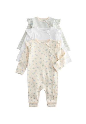 Tre langærmede baby romper med flæser på skuldrene, med blomstret tryk, ensfarvet hvid og blå-stribet design, lagt fladt stablet lodret.