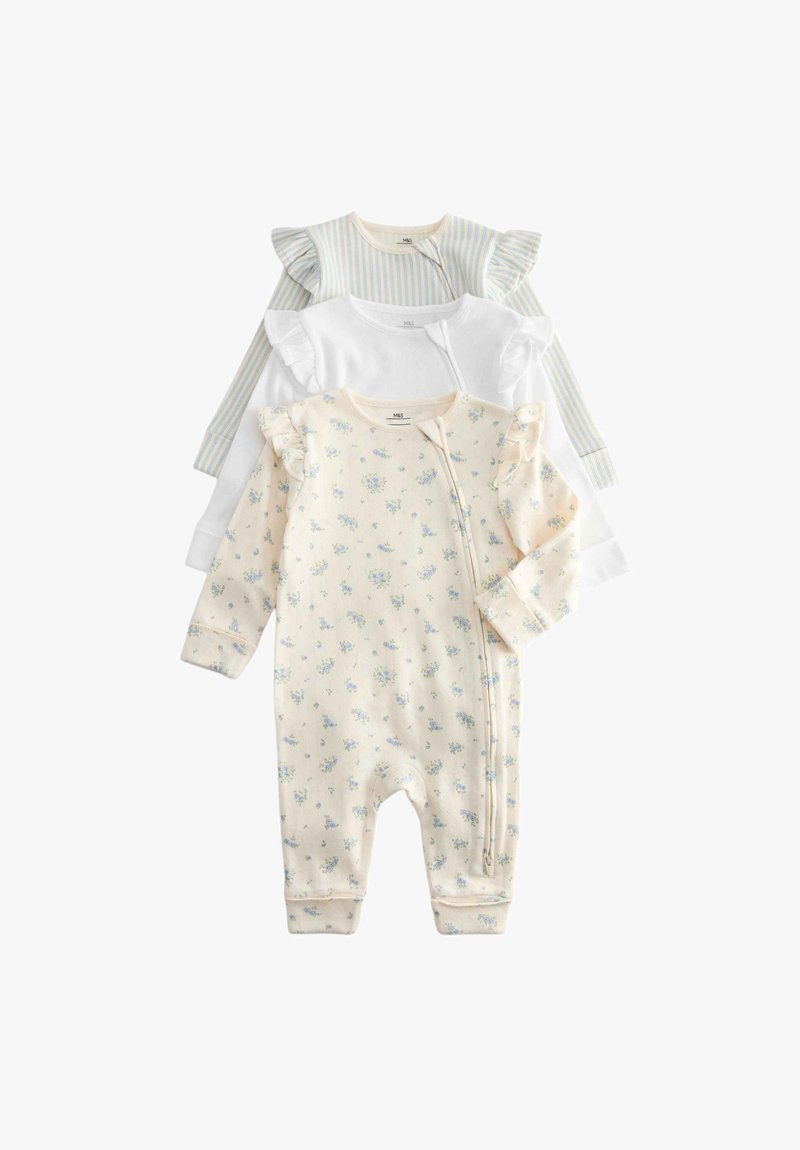 Three long-sleeve baby rompers with ruffle shoulders, featuring floral print, solid white, and blue-striped designs, laid flat stacked vertically.