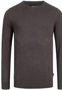 Brown knitted sweater with a crew neckline, long sleeves, ribbed cuffs, and hem. Smooth texture, minimalistic design, no visible patterns or accents.