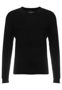 Pull noir à col en V, manches longues, en tissu doux, avec poignets et ourlet côtelés, et un design simple sans ornements.
