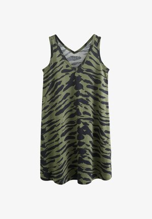 Ärmelloses olivgrünes Kleid mit schwarzem Tigerstreifenmuster und V-Ausschnitt, knielang und locker geschnitten.
