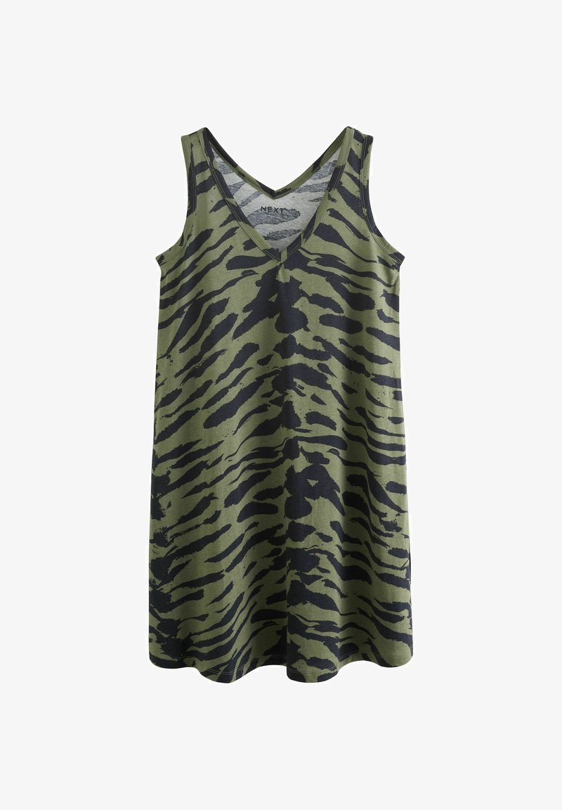Robe sans manches vert olive avec motif rayé tigre noir, col en V, longueur au genou et coupe ample.