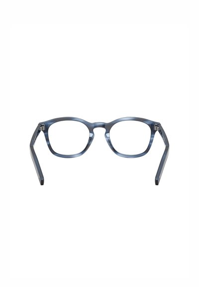 Occhiali rettangolari con montatura traslucida blu. Aste sottili e dritte con finitura liscia e lucida. Design con lenti aperte.