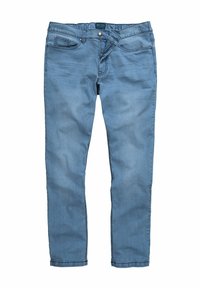 Slim-fit modré džíny z denimu s vybledlým umýváním, pěti kapsami a kovovým zapínáním, s klasickým designem a jemnými detaily prošití.